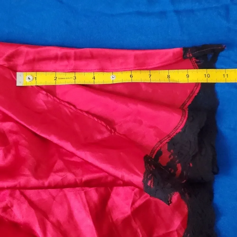 Secret Treasures Red Satin Long Chemise Nightgown Black Lace Trim - Medium
